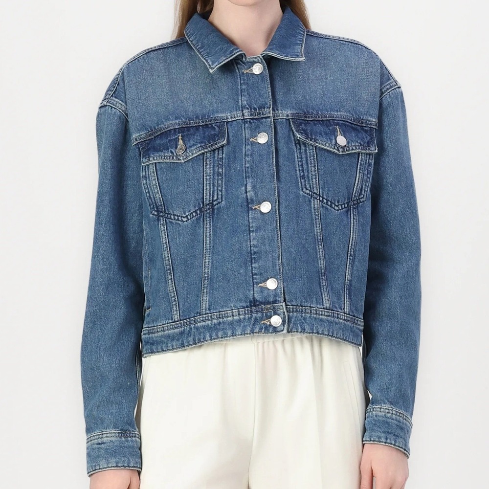 Boss Trucker Denim Jacket Button Up Collared Long Sleeve Cropped Womens L NWT